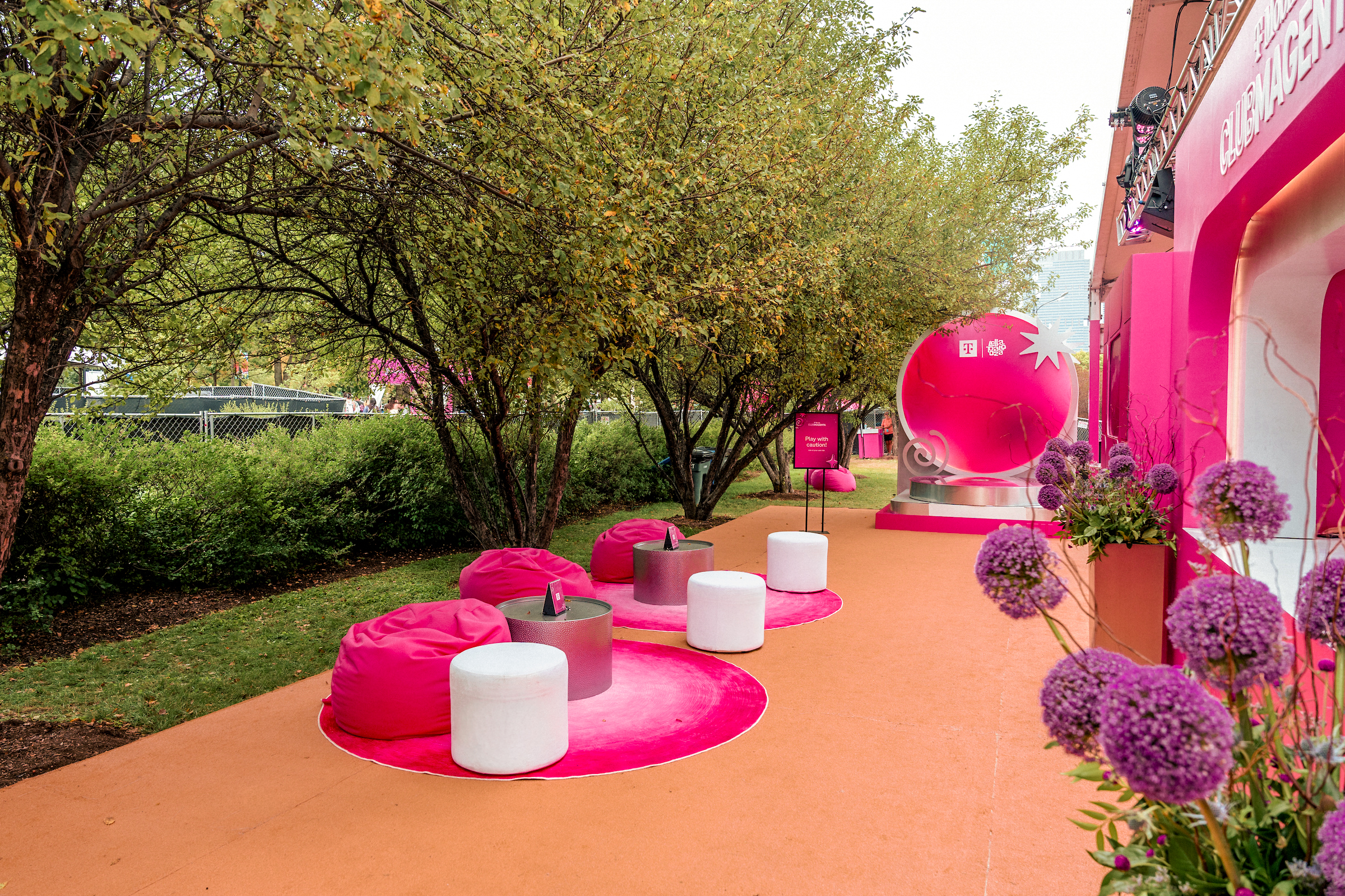 Lounge seating along the entry path