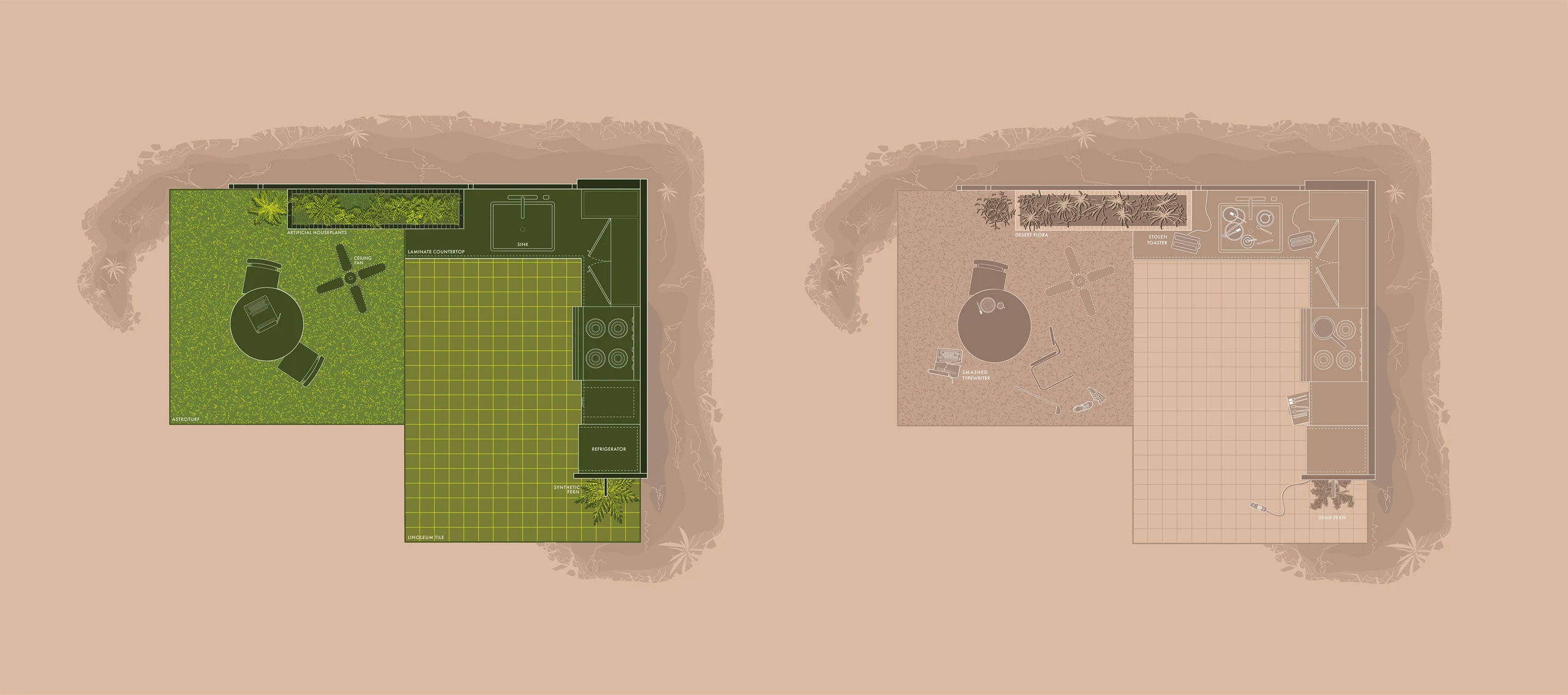 True West groundplans: suburban kitchen at left and desert kitchen at right.