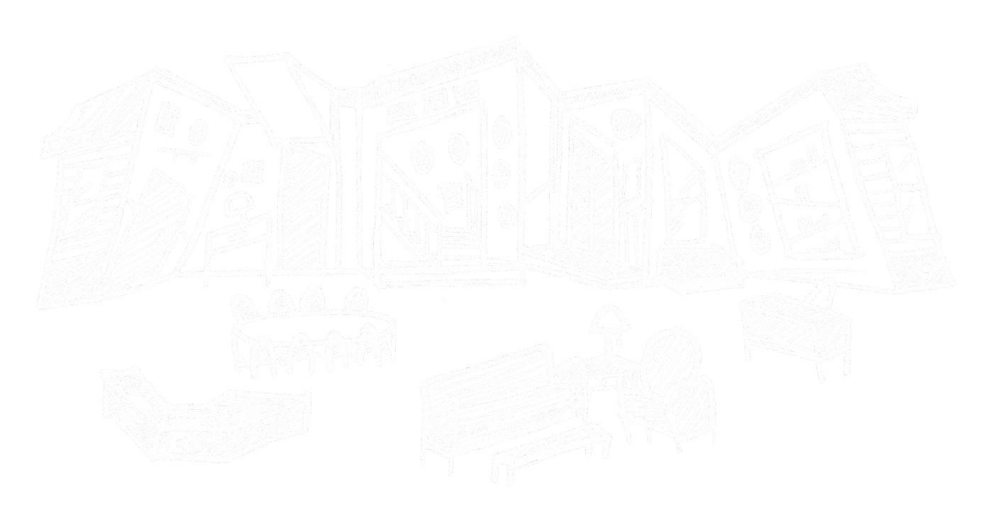 Conceptual sketch — slanted architecture and furniture layout